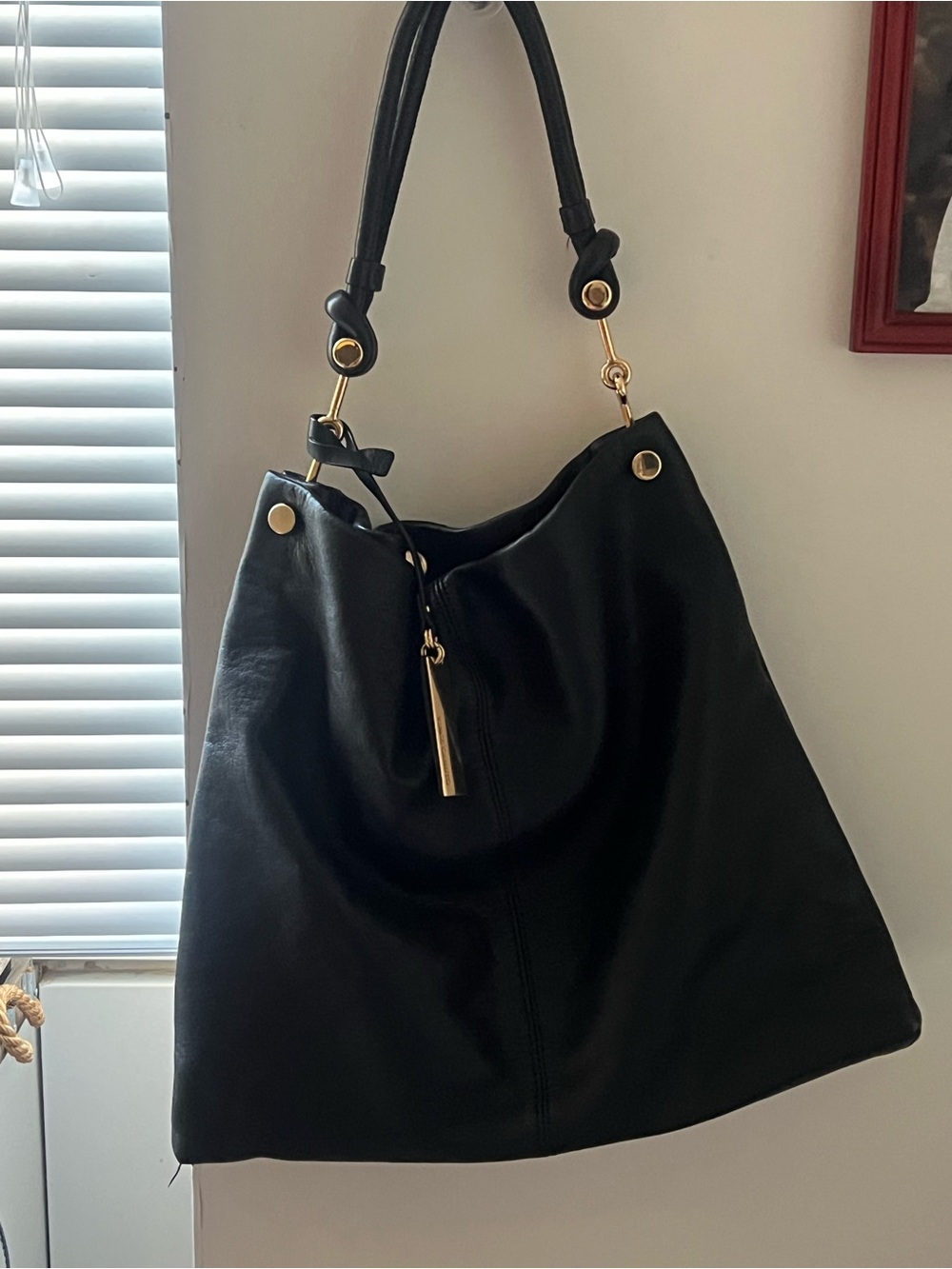 Vince Camuto Black Leather Shoulder Bag with Gold Hardware